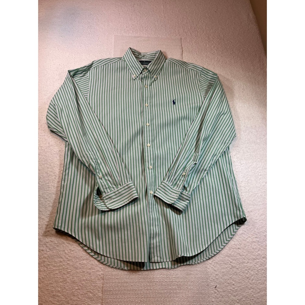 Polo Ralph Lauren Classic Fit Green White Striped Button Down Shirt 16.5 34/35